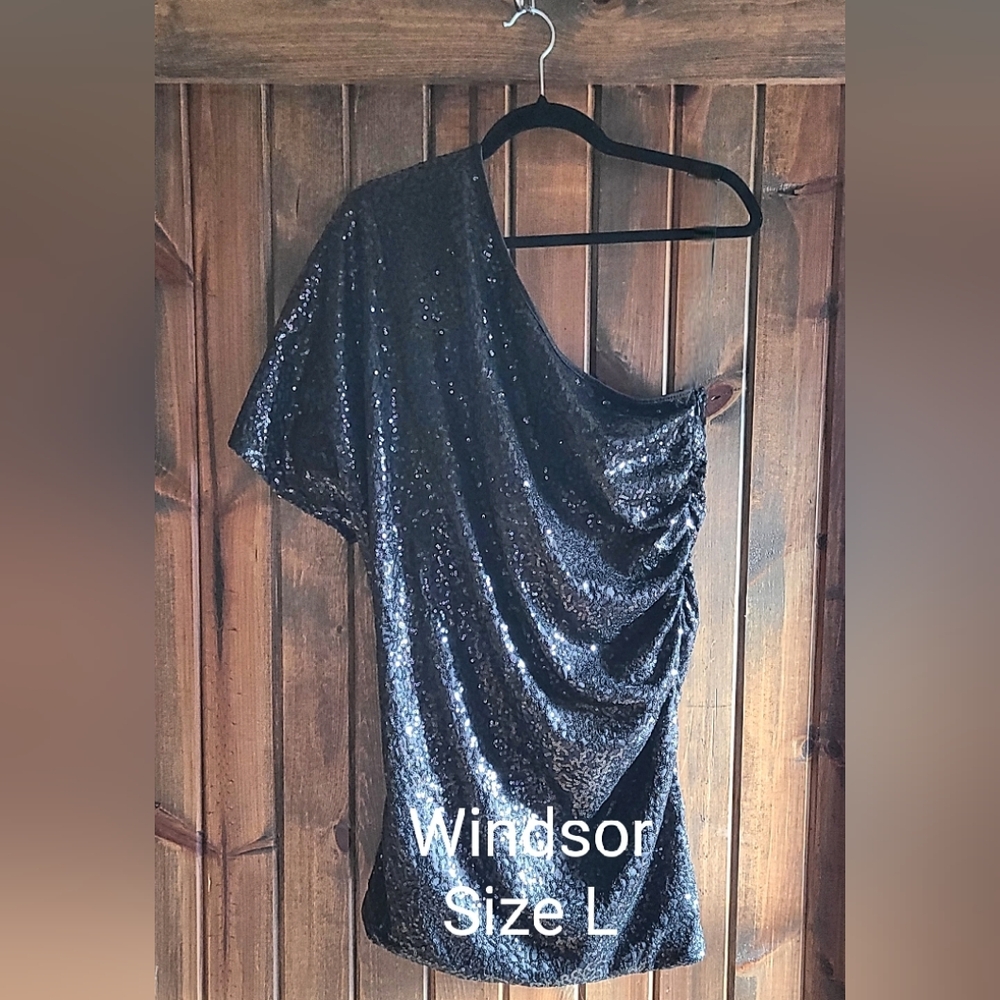 Windsor Black One Shoulder Sequins Mini Dress sz L